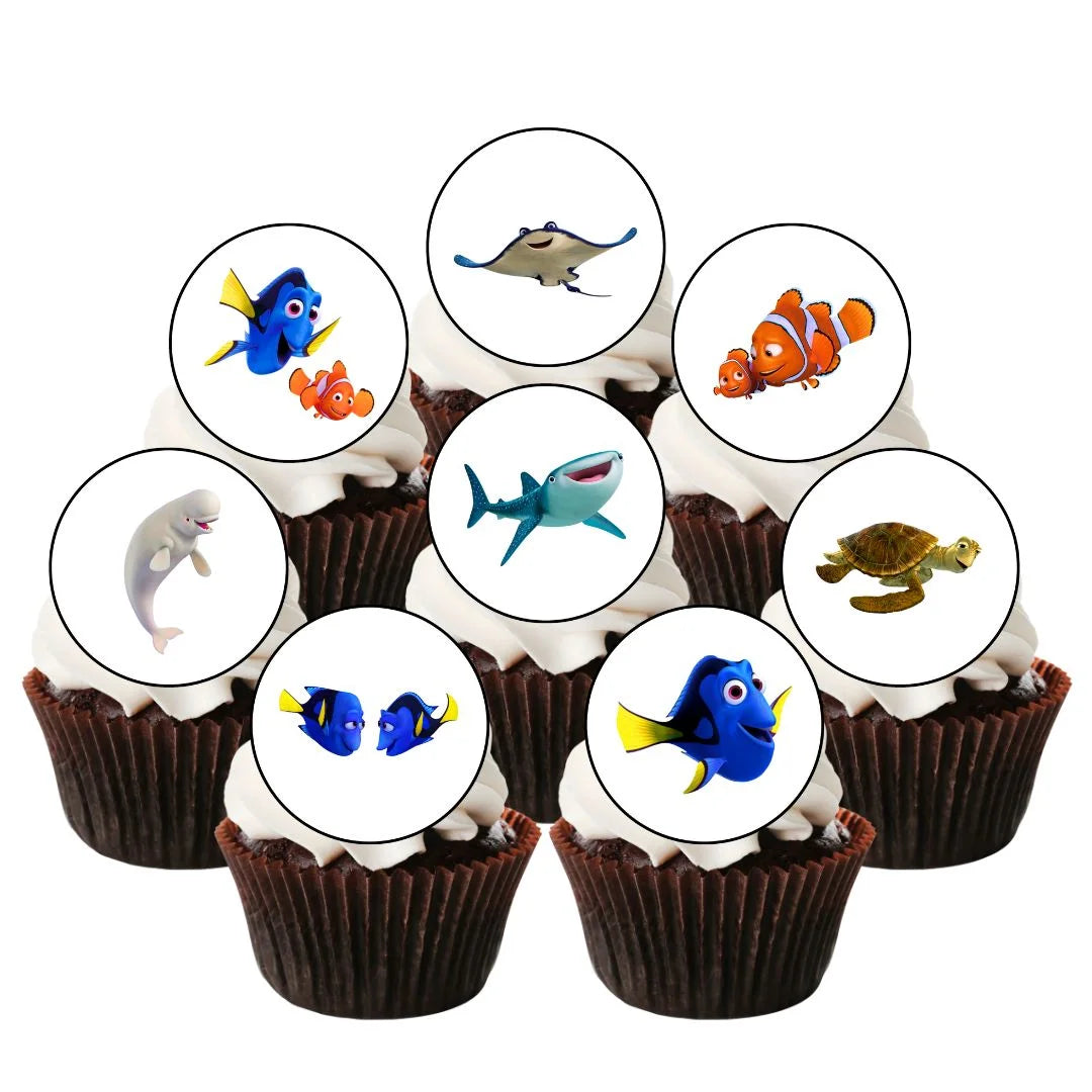 Finding Dory Edible Cupcake Toppers on chocolate cupcakes with white frosting 