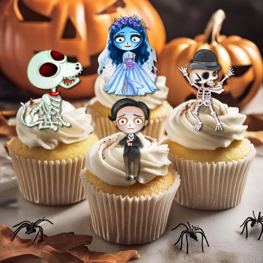 Halloween Bride Edible Cupcake Toppers on chocolate cupcakes with white frosting 