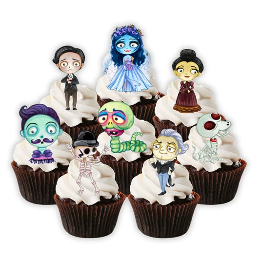 Halloween Bride Edible Cupcake Toppers on chocolate cupcakes with white frosting 