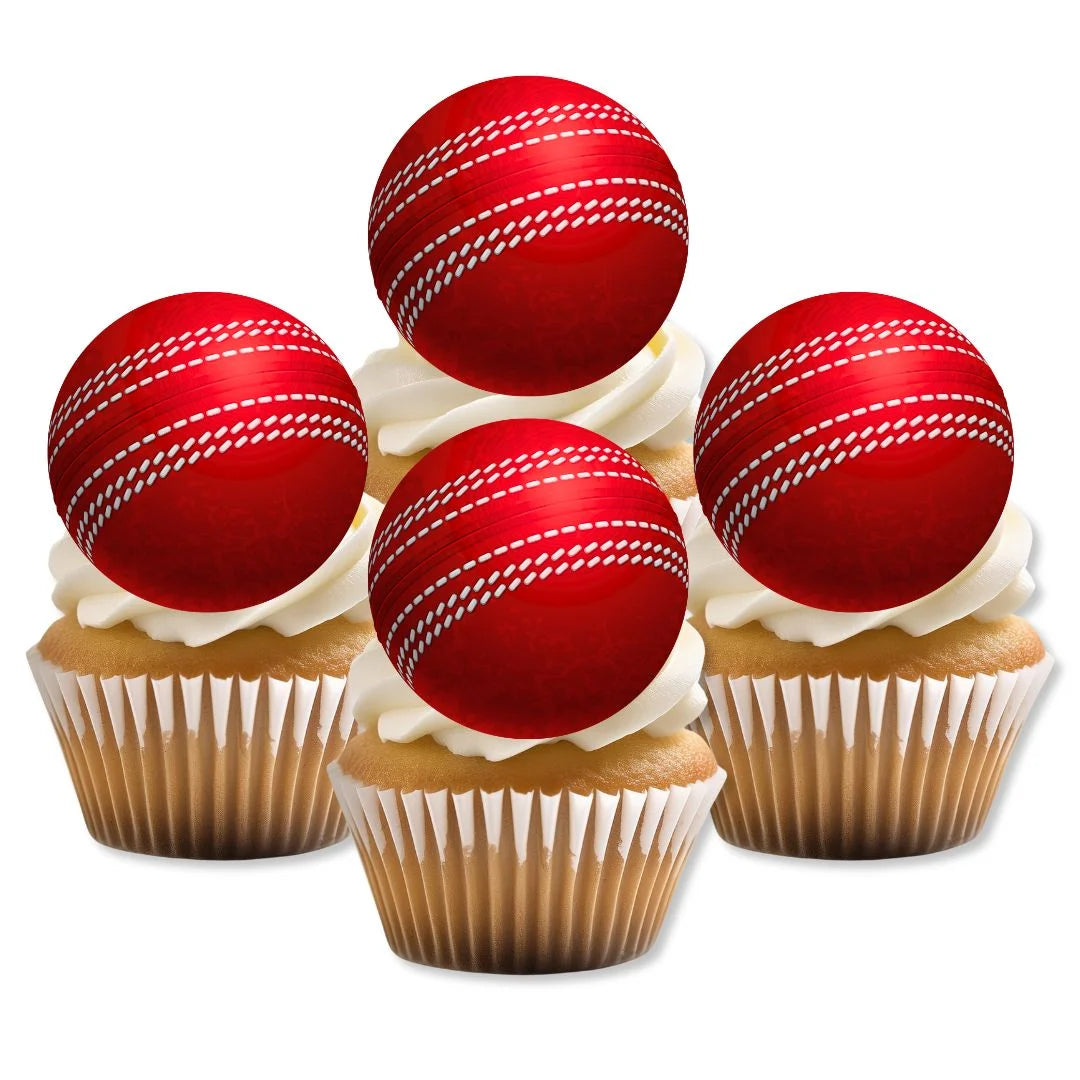 Cricket Ball Edible Cupcake Toppers on white frosted cupcakes