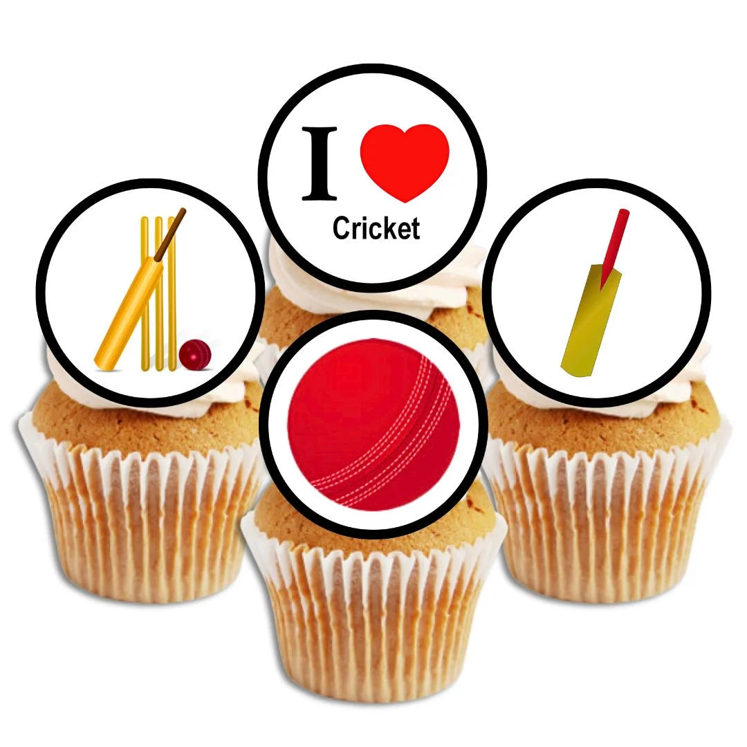 Cricket Themed Edible Cupcake Toppers on white frosted cupcakes