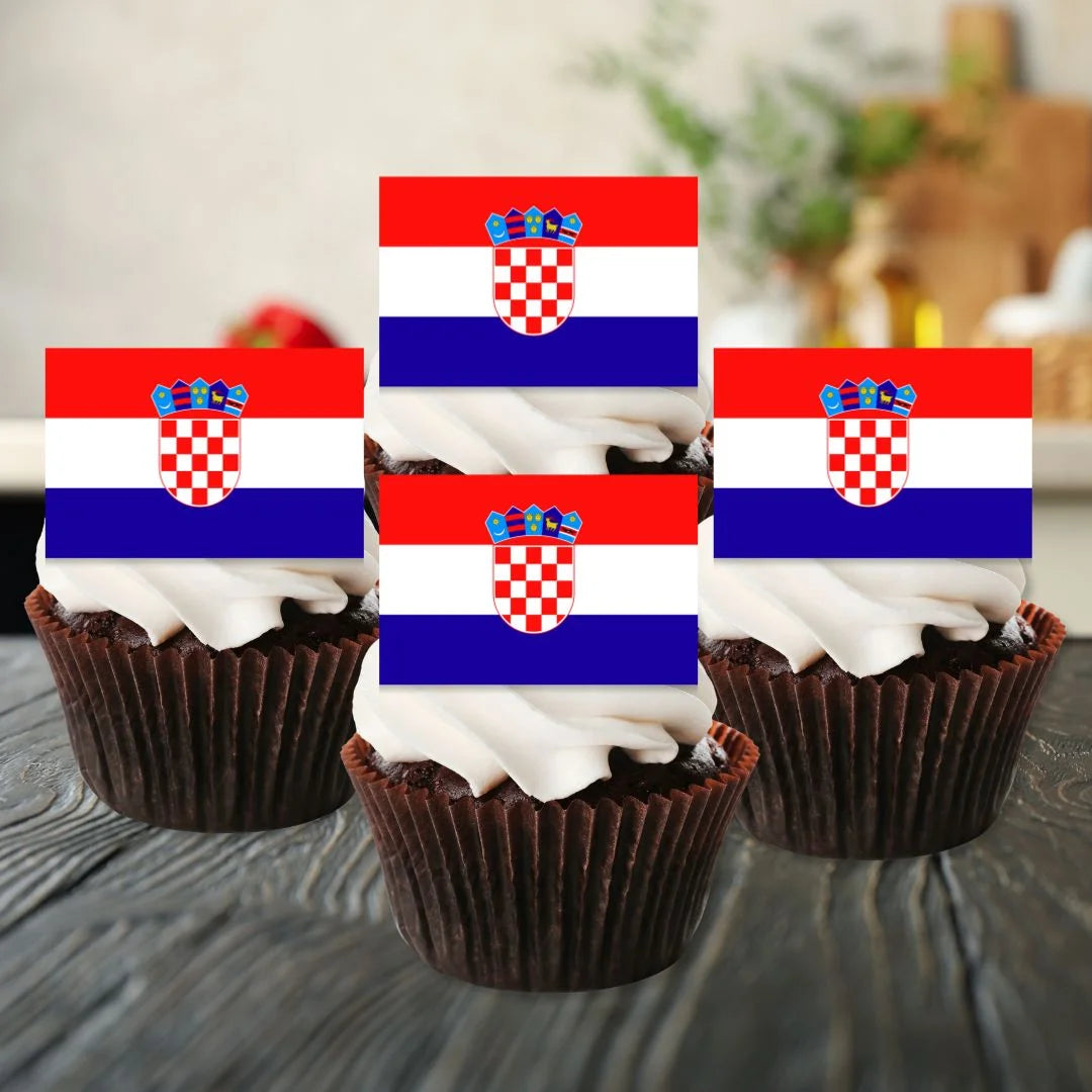 Croatia Flag Edible Cupcake Toppers on frosted cupcakes 