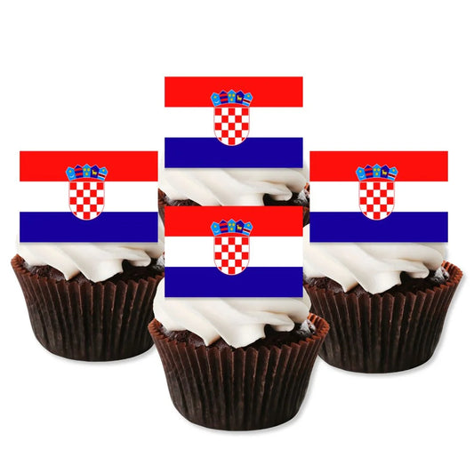 Croatia Flag Edible Cupcake Toppers on chocolate frosted cupcakes 