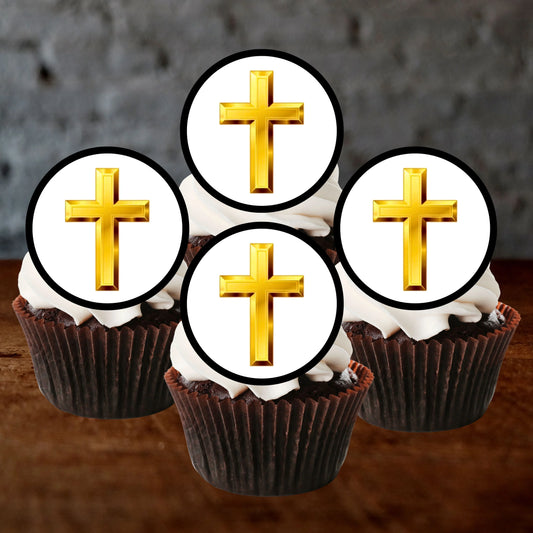 Christian Cross Edible Cupcake Toppers on cupcakes with white frosting 