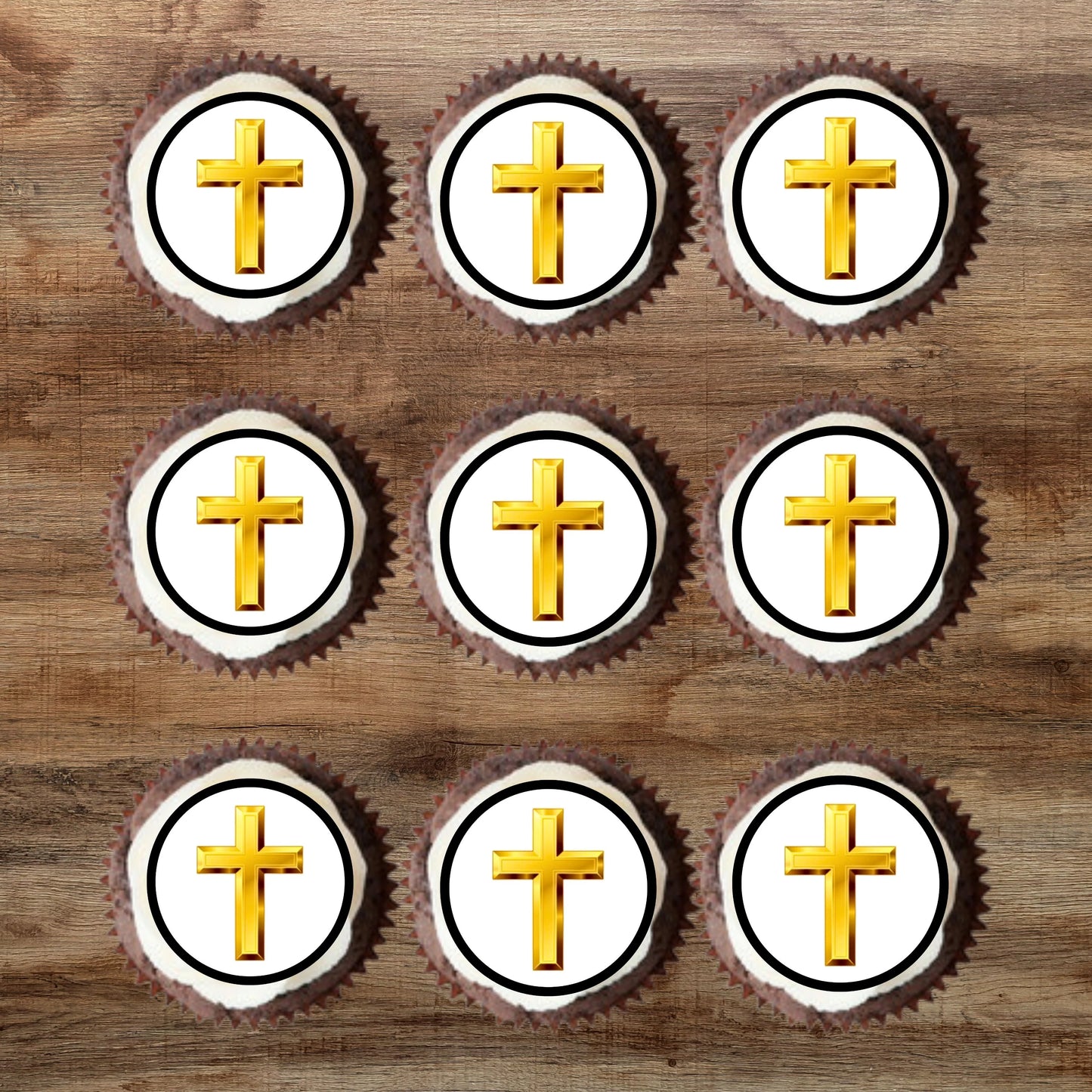 Christian Cross Edible Cupcake Toppers on cupcakes with white frosting 