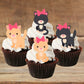 cat shaped, cute kitten cupcake toppers on chocolate cupcakes with white frosting