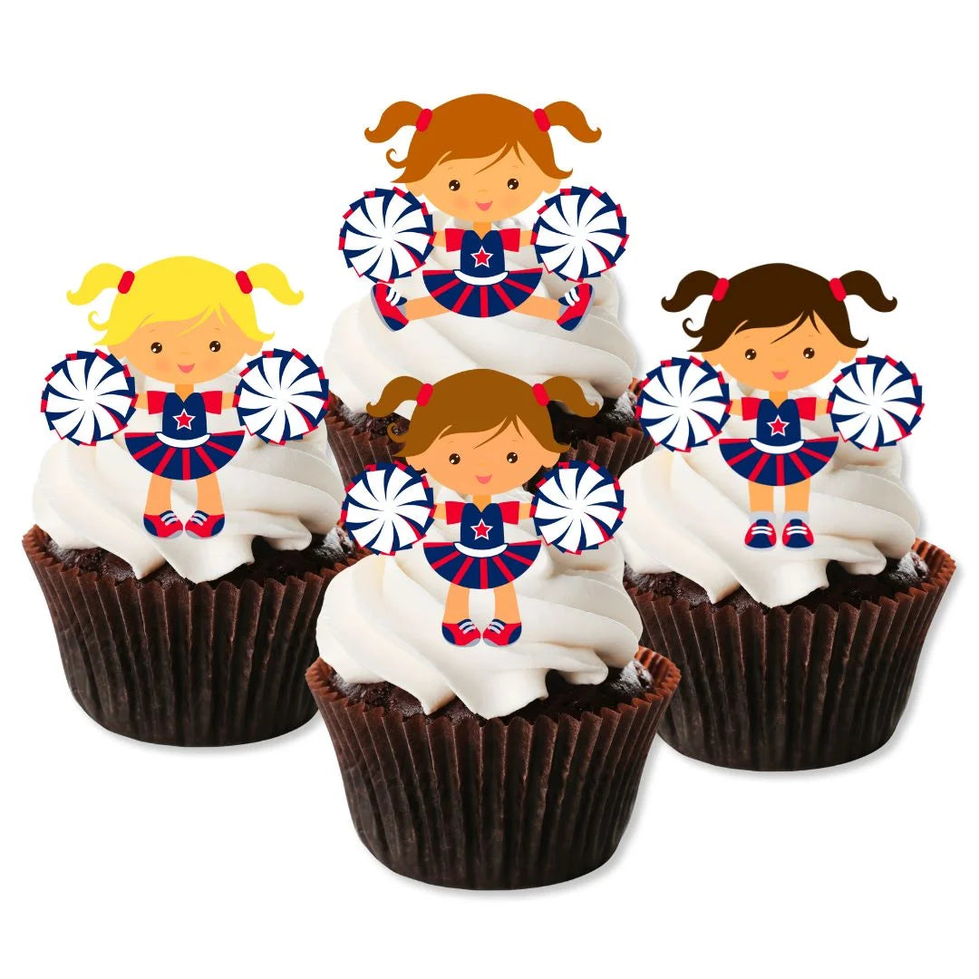 Cute Cheer Edible Cupcake Toppers on chocolate cupcakes with white frosting