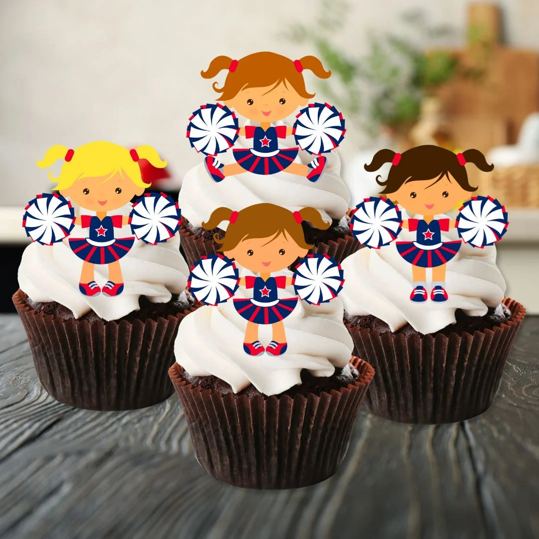 Cute Cheer Edible Cupcake Toppers on chocolate cupcakes with white frosting