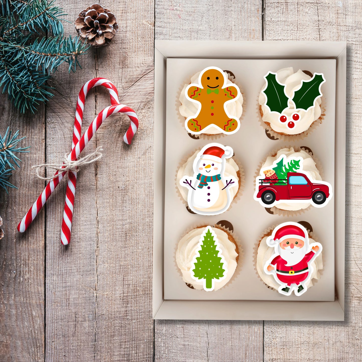 Cute Christmas Cupcake Toppers on white frosted cupcakes 