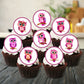 cupcakes with white frosting and illustrated cute pink owl cupcake toppers. 