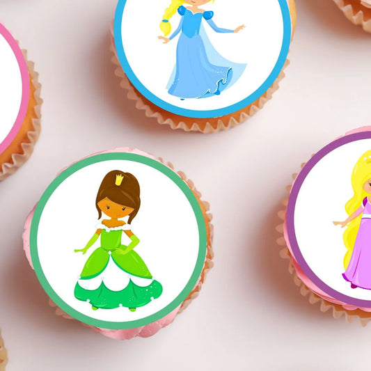 Cute Princess Round Edible Cupcake Toppers on cupcakes with pink frosting