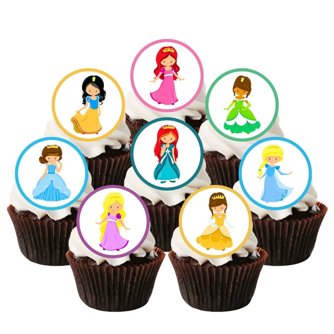 Cute Princess Round Edible Cupcake Toppers on chocolate cupcakes with white frosting