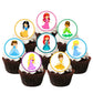 Cute Princess Round Edible Cupcake Toppers on chocolate cupcakes with white frosting