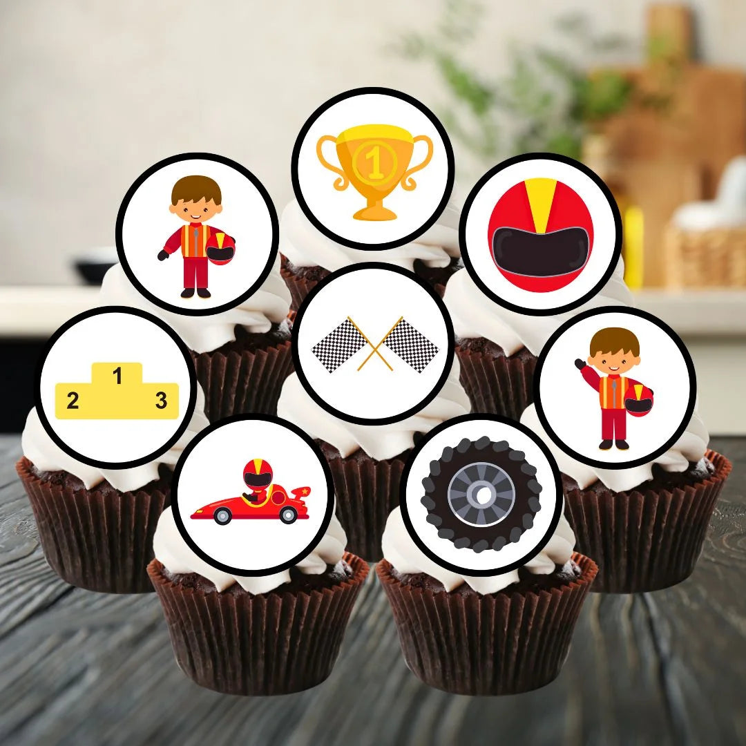 Race Cars Theme Edible Cupcake Toppers on chocolate cupcakes with white frosting 