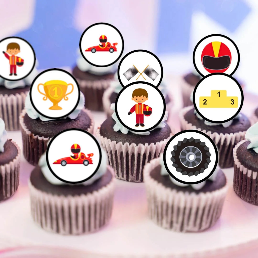 Race Cars Theme Edible Cupcake Toppers on chocolate cupcakes with white frosting 