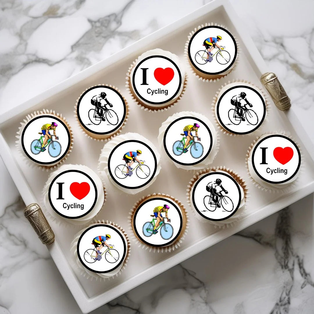 Cycling Theme Edible Cupcake Toppers on white frosted cupcakes 