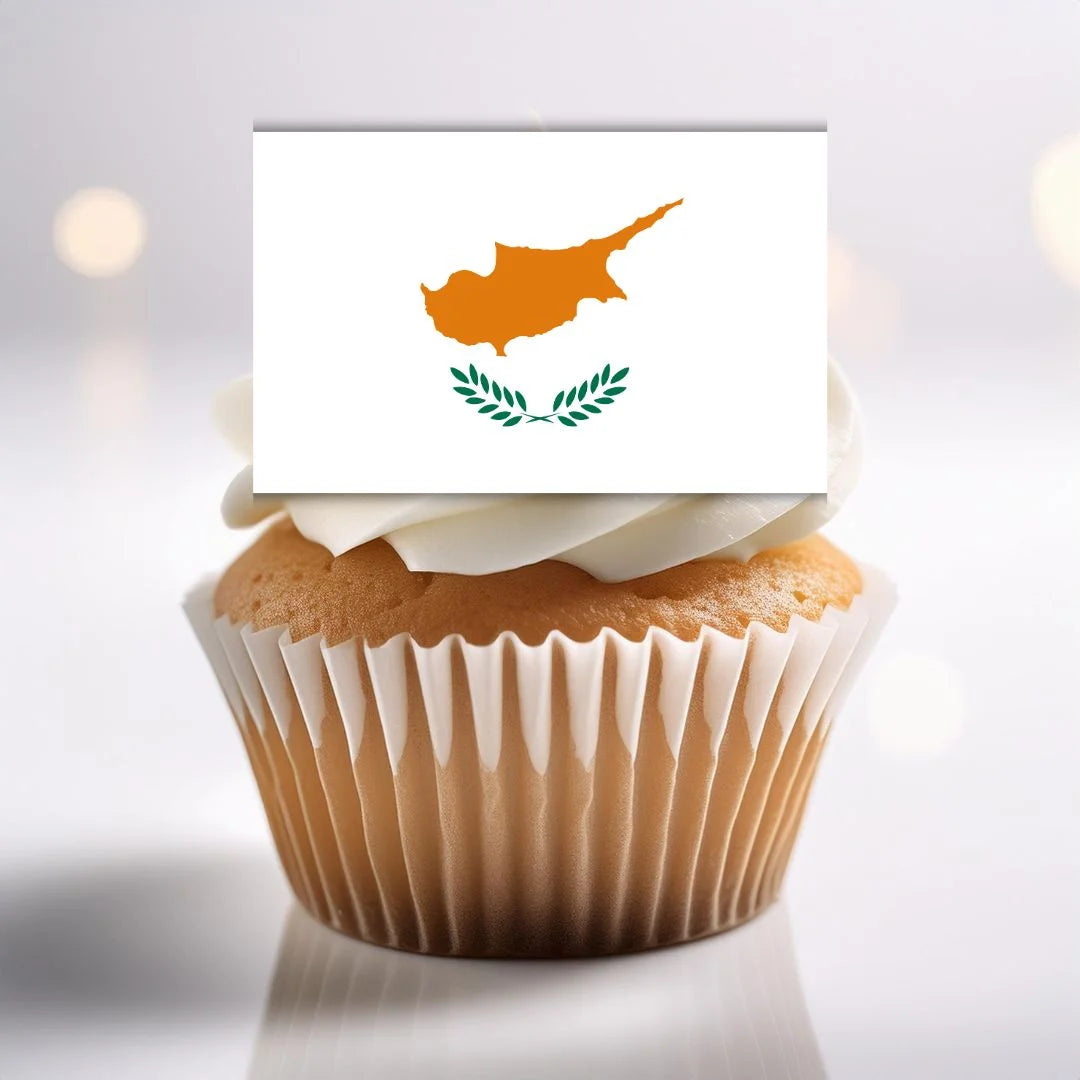 Cyprus Flag Edible Cupcake Toppers on white frosted cupcakes