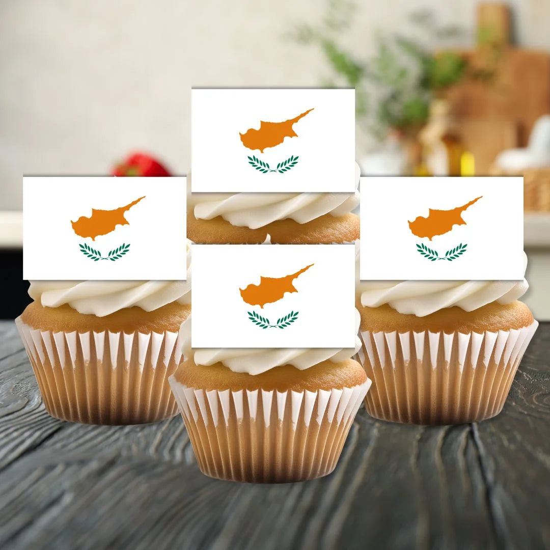 Cyprus Flag Edible Cupcake Toppers on white frosted cupcakes