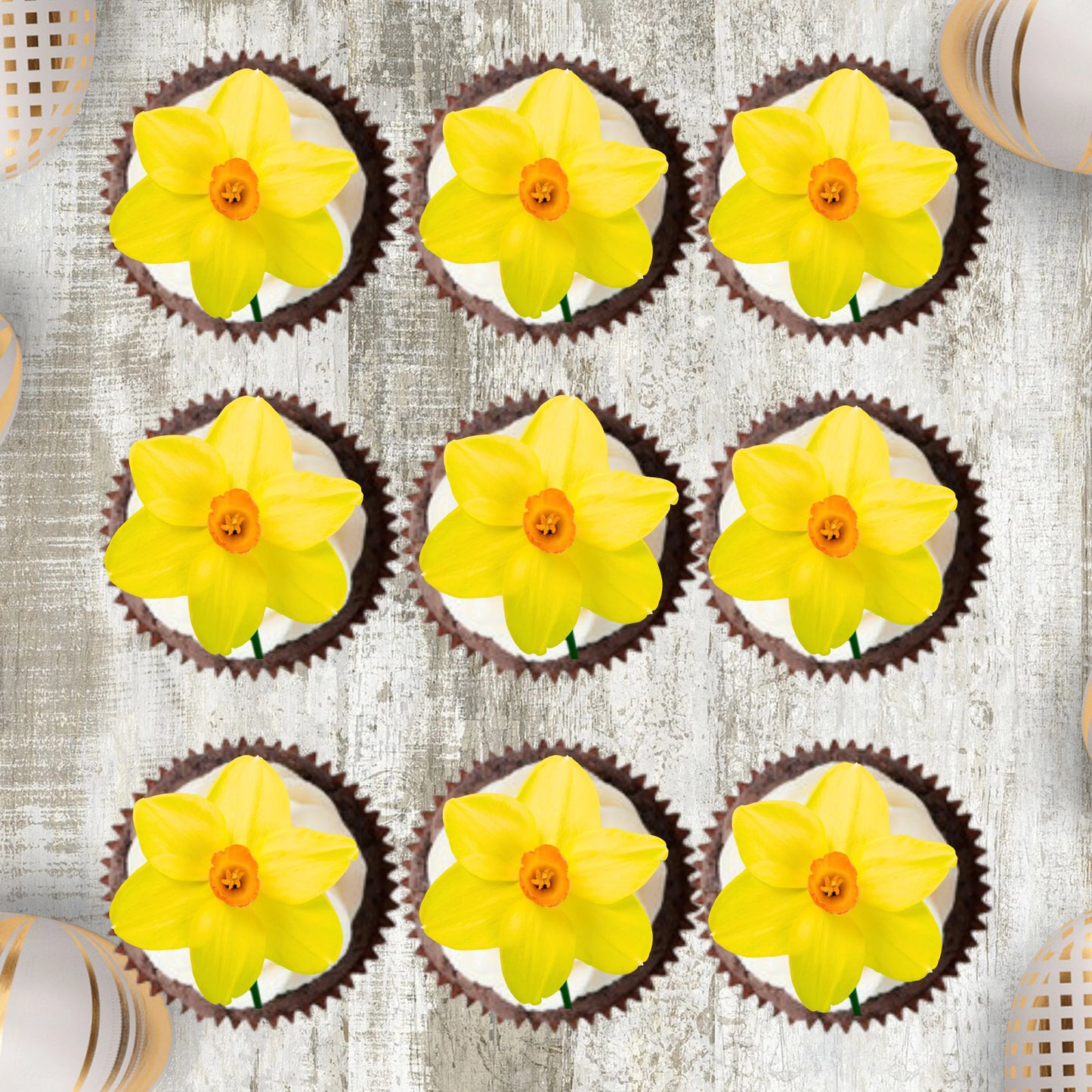 Daffodil Edible Cupcake Toppers on chocolate cupcakes with white frosting 