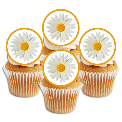 Daisies Edible Cupcake Toppers on white frosted cupcakes 