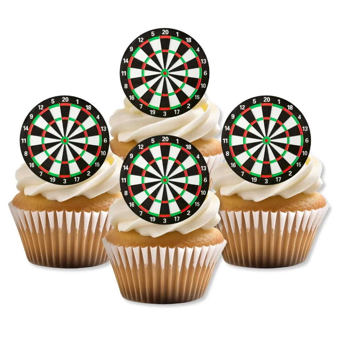 Dartboard Edible Cupcake Toppers on white frosted cupcakes 