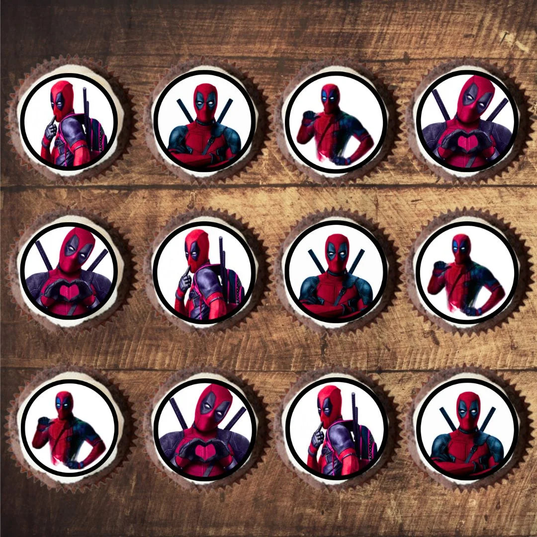 Dead Pool Themed Edible Cupcake Toppers on chocolate cupcakes with white frosting 