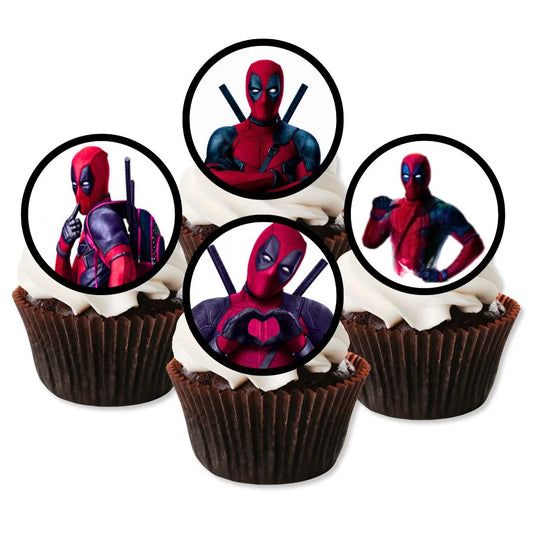 Dead Pool Themed Edible Cupcake Toppers on chocolate cupcakes with white frosting 