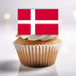 Denmark Flag Edible Cupcake Toppers on white frosted cupcake