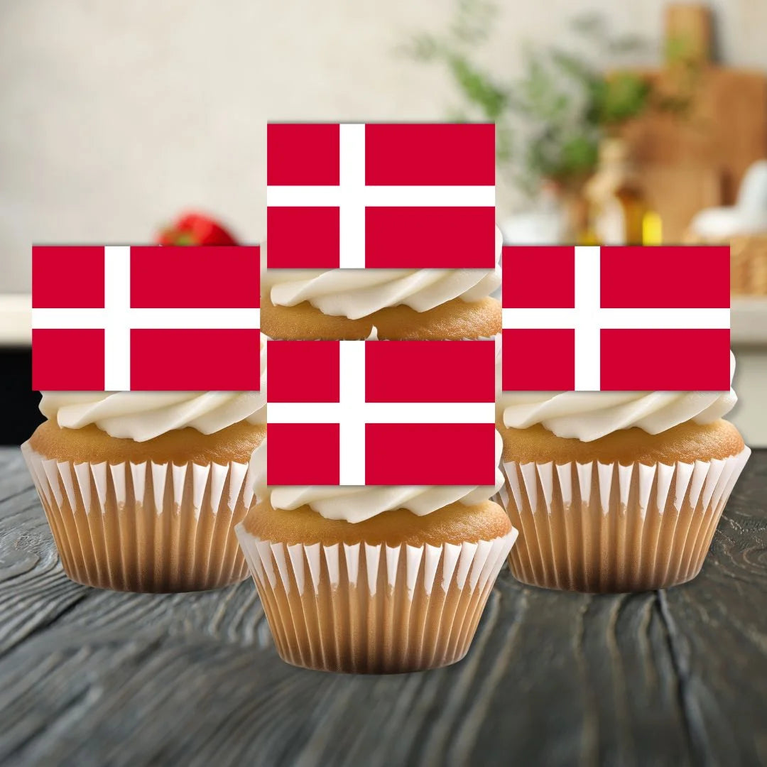 Denmark Flag Edible Cupcake Toppers on white frosted cupcakes