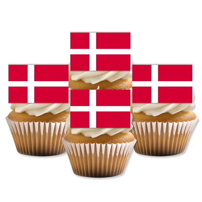 Denmark Flag Edible Cupcake Toppers on white frosted cupcakes