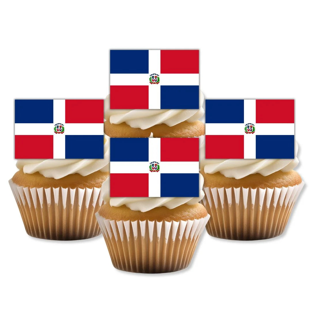 Dominican Republic Flag Edible Cupcake Toppers on white frosted cupcakes 