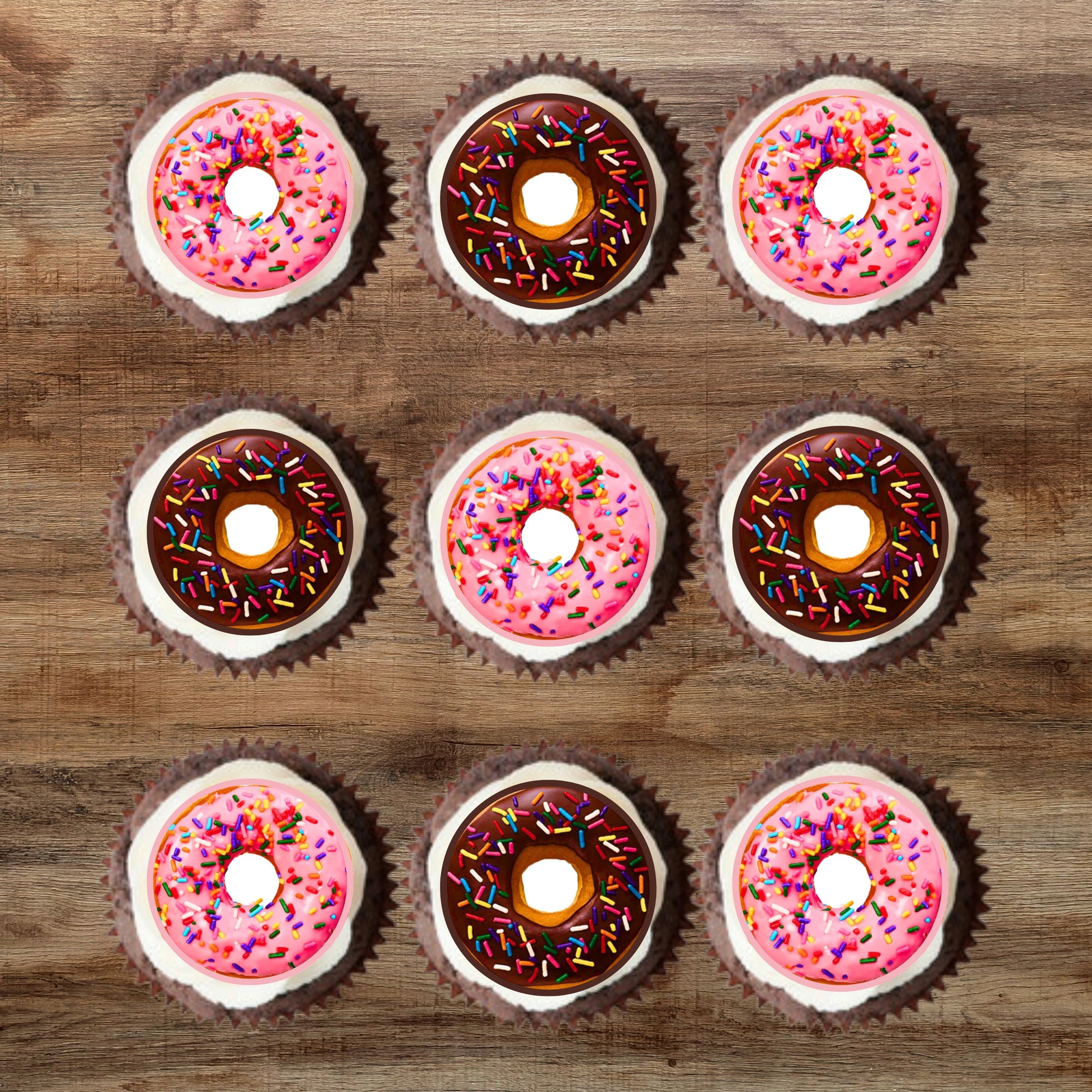 pink and chocolate Donut theme Edible Cupcake Toppers on white frosted cupcakes