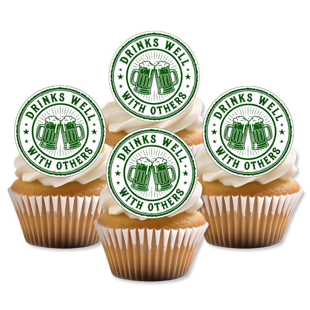 Cupcakes with 'Drinks Well with Others' green stamp decorations on a white background