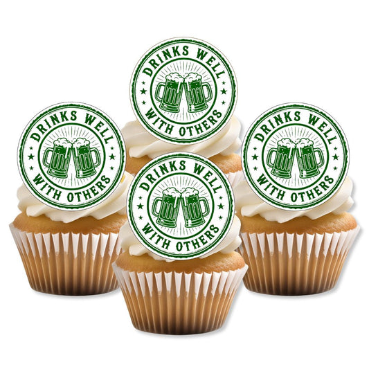 Cupcakes with 'Drinks Well with Others' green stamp decorations on a white background
