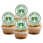 Cupcakes with 'Drinks Well with Others' green stamp decorations on a white background