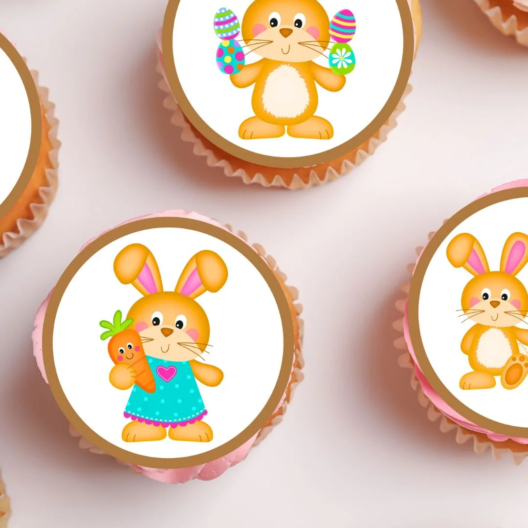 Easter Bunny Edible Cupcake Toppers on cupcakes with pink frosting 