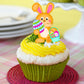 Easter Bunnies Edible Cupcake Toppers on cupcakes with yellow frosting 