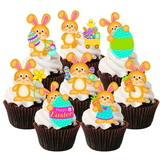 Easter Bunnies Edible Cupcake Toppers on chocolate cupcakes with white frosting 