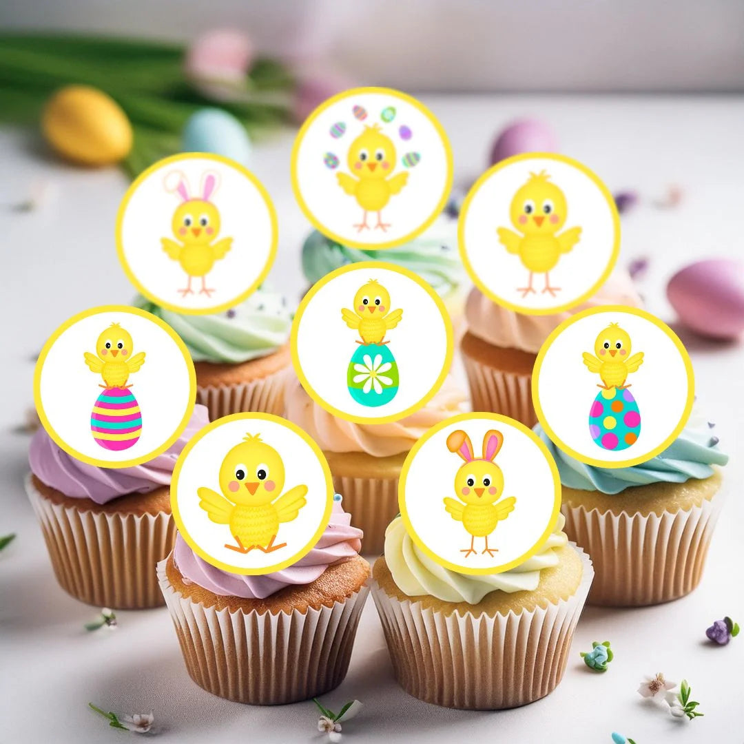 Easter Chicks Round Edible Cupcake Toppers on chocolate cupcakes with white frosting