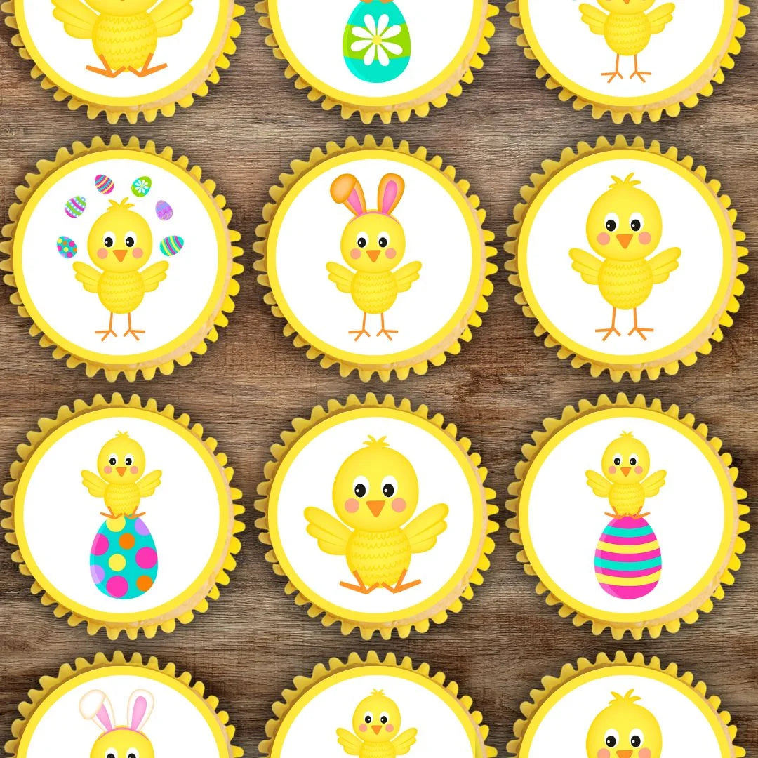 Easter Chicks Round Edible Cupcake Toppers on chocolate cupcakes with white frosting