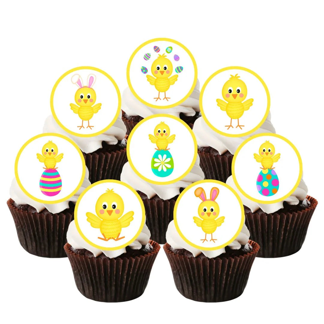 Easter Chicks Round Edible Cupcake Toppers on chocolate cupcakes with white frosting 