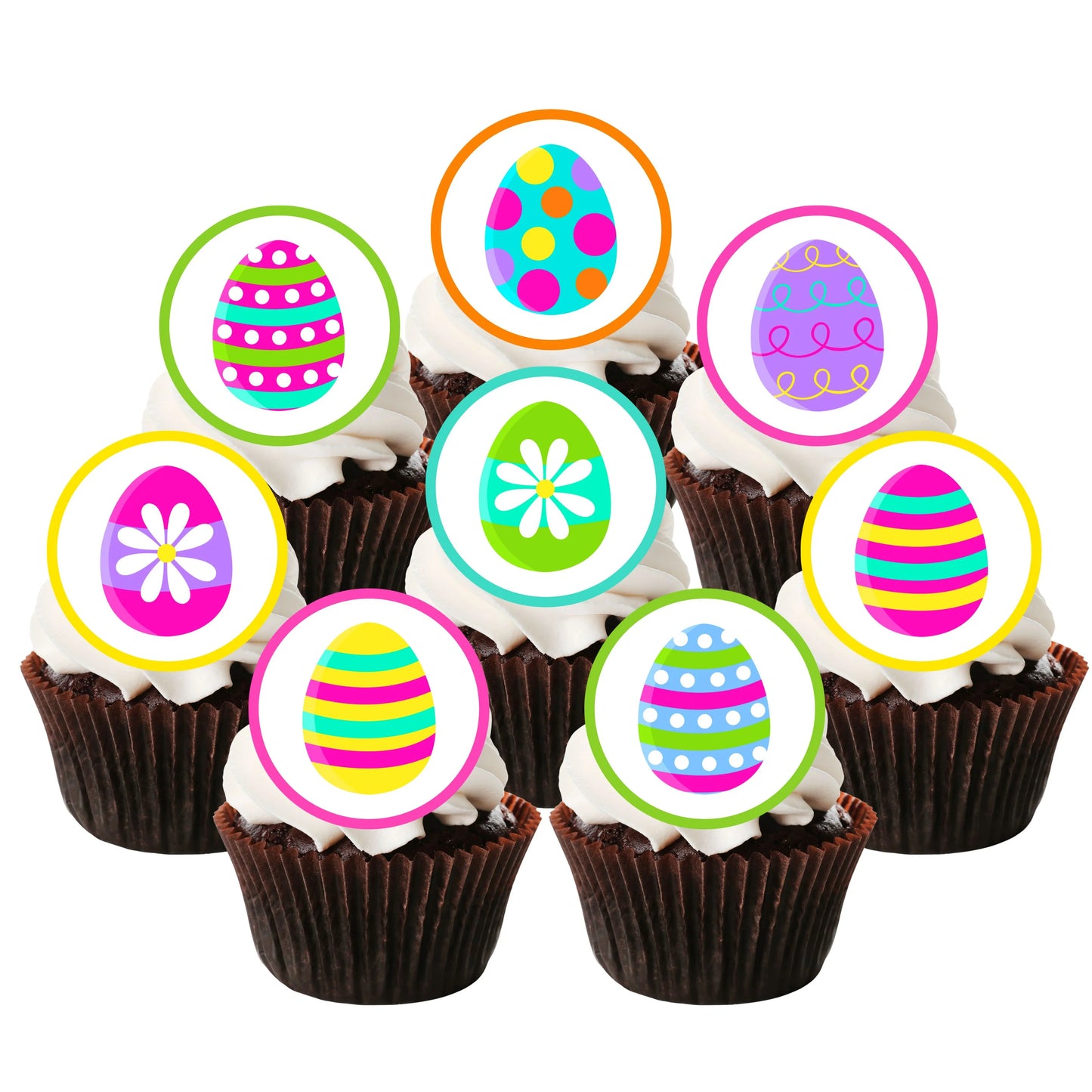 Easter Eggs Edible Cupcake Toppers on chocolate cupcakes with white frosting 