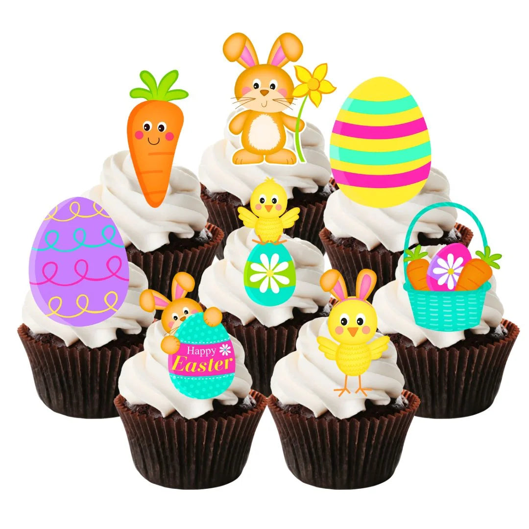 Cute Easter Mix Edible Cupcake Toppers on chocolate cupcakes with white frosting 