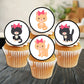 four sponge cupcakes with white icing and cute cat cake toppers