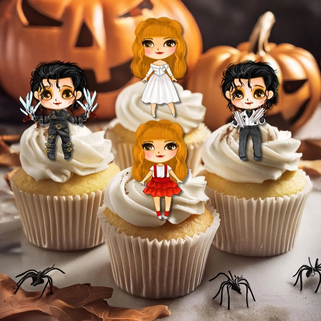 edward scissorhands edible cupcake toppers on chocolate cupcakes with white frosting