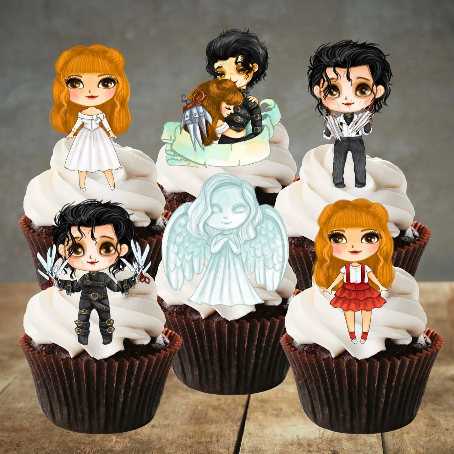 edward scissorhands edible cupcake toppers on chocolate cupcakes with white frosting