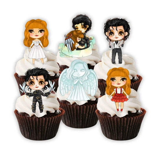 edward scissorhands edible cupcake toppers on chocolate cupcakes with white frosting