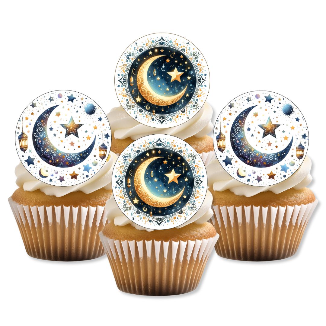 Cupcakes with moon and star designs on top against a white background