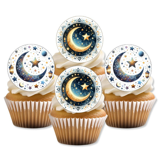 Cupcakes with moon and star designs on top against a white background