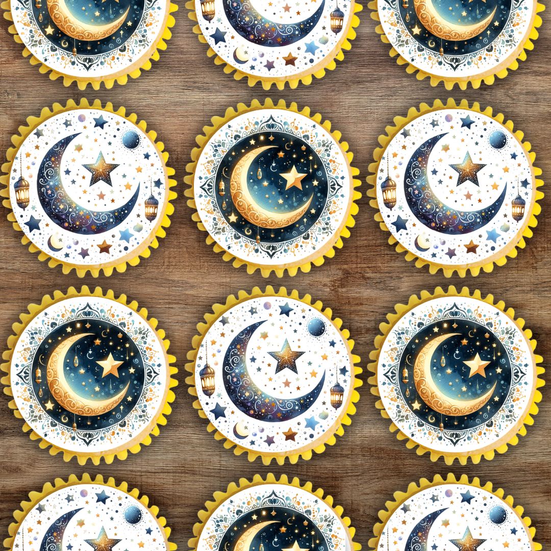 Decorative plates with moon and star designs on a wooden surface